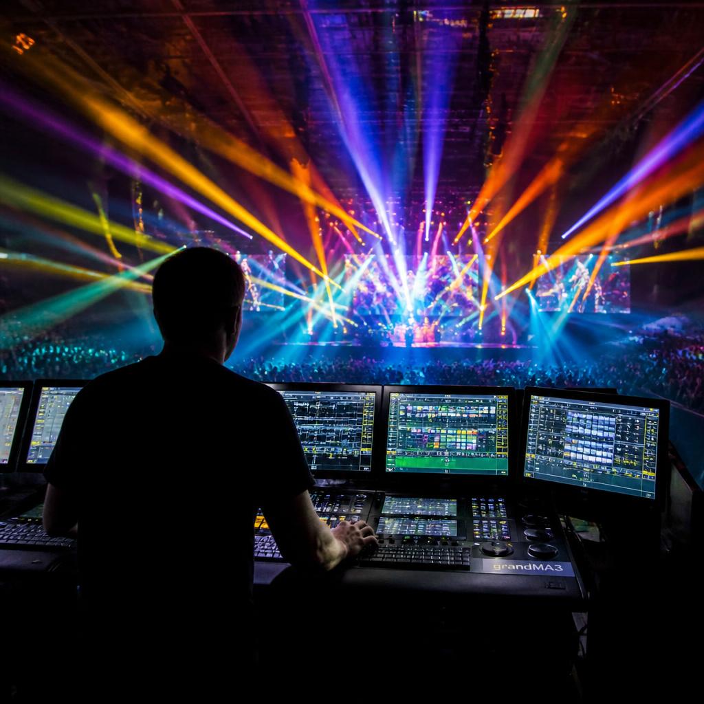Lighting operator at a grandMA console with colorful beams filling the stage