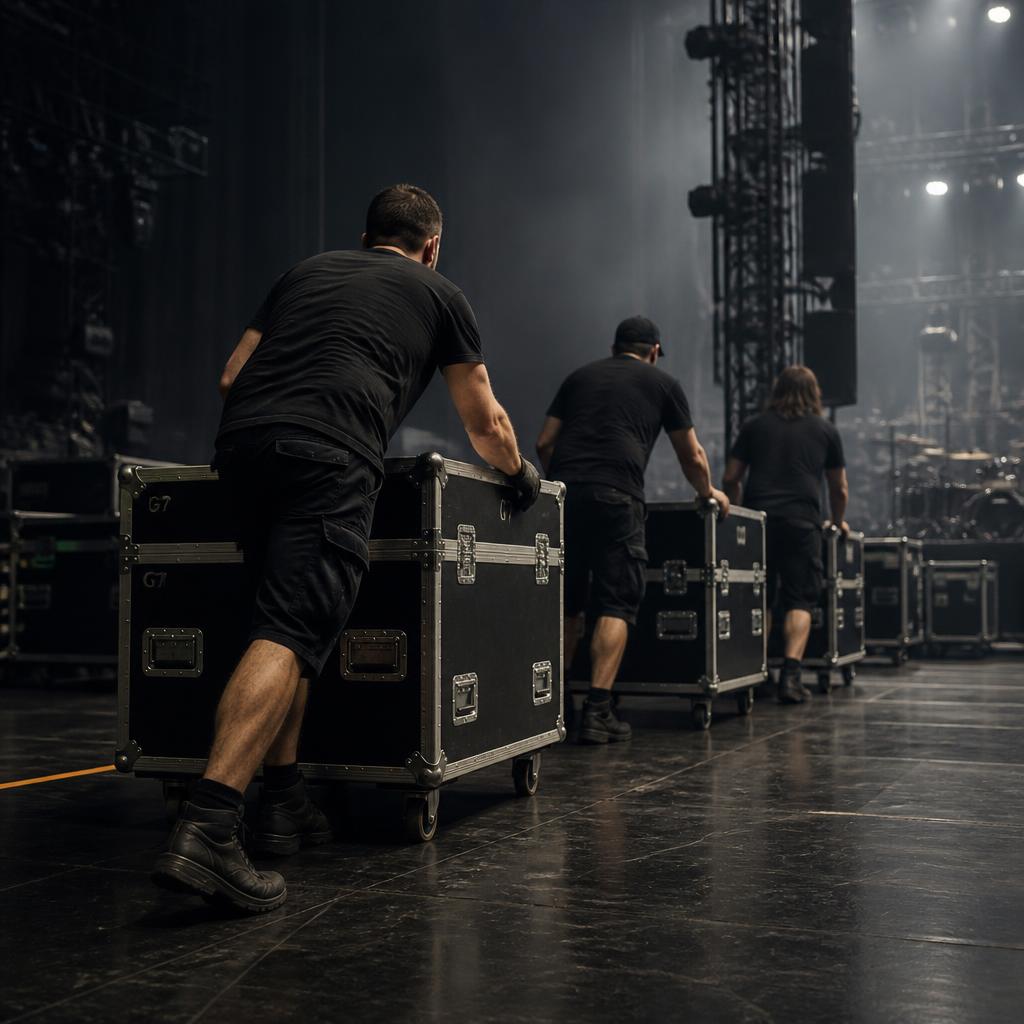 Stagehands pushing road cases across a concert stage during load-in