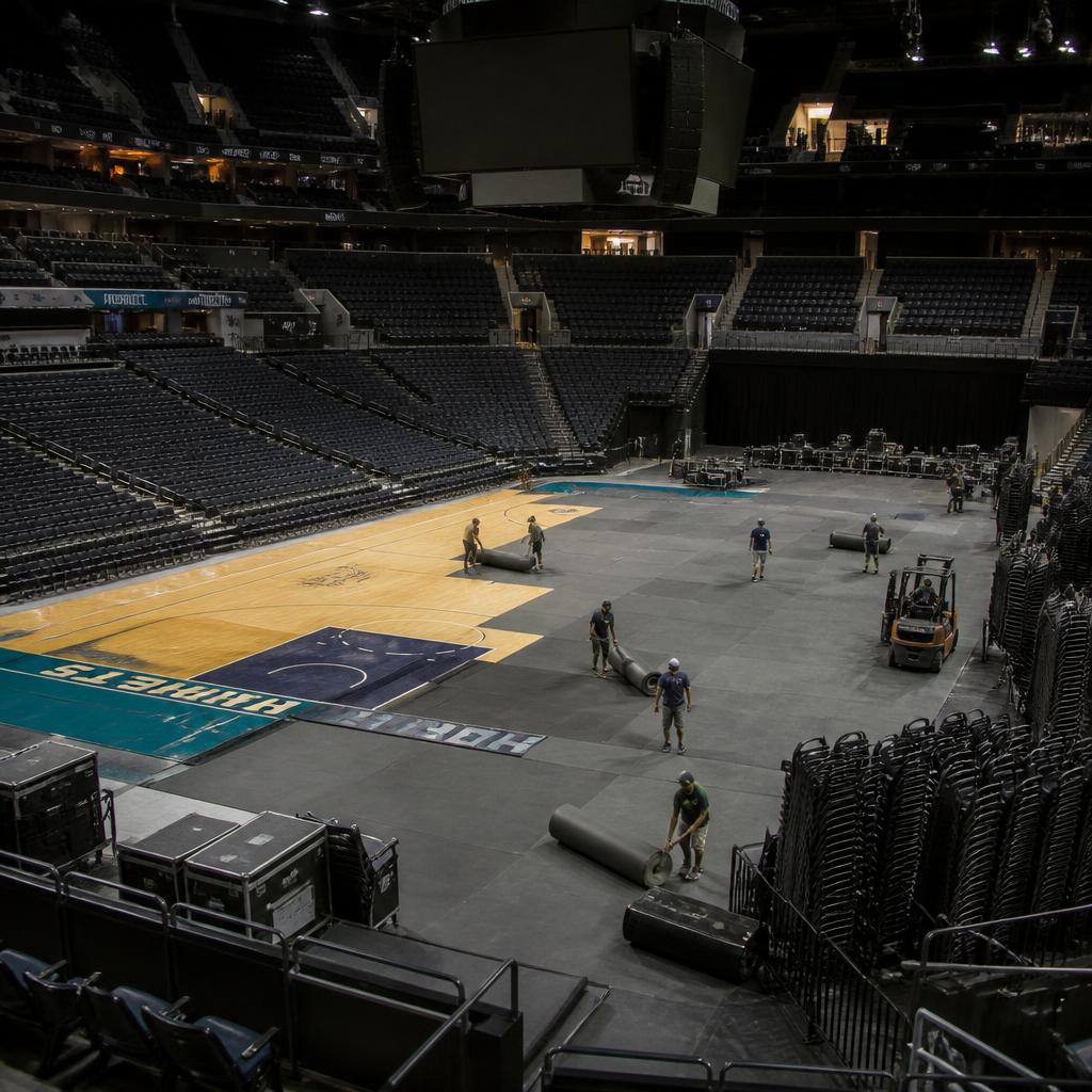 Arena floor mid-conversion between a basketball court and a concert setup