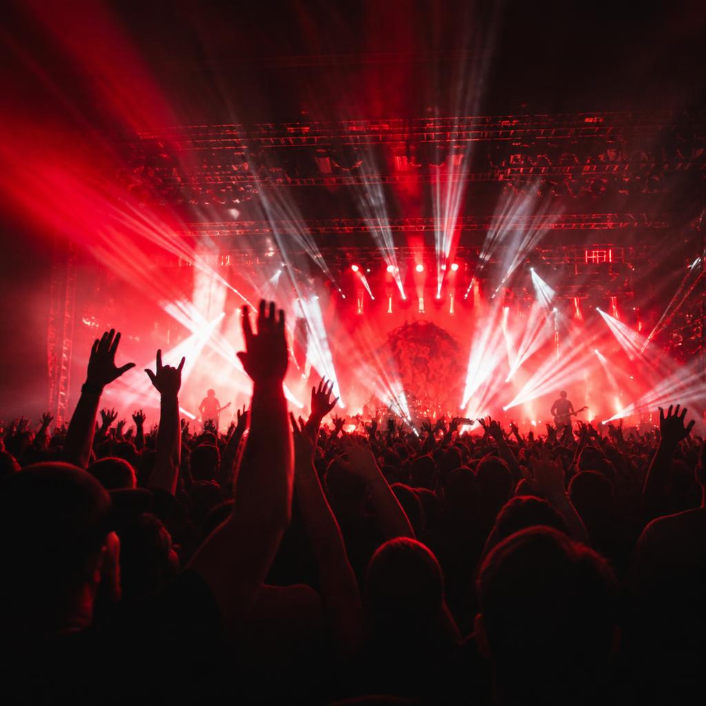 Packed concert crowd with raised hands lit by red stage beams