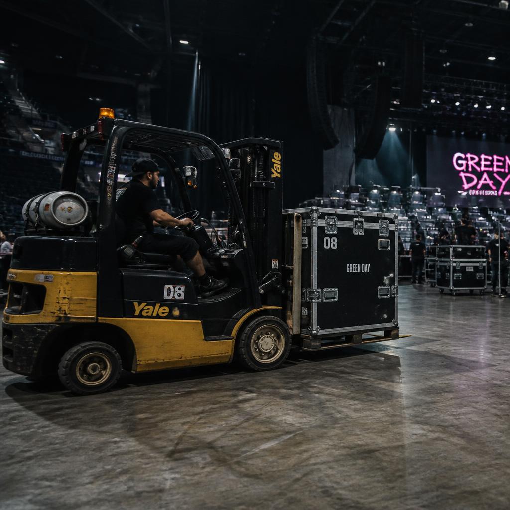 Forklift operator moving a road case pallet inside an arena during load-in