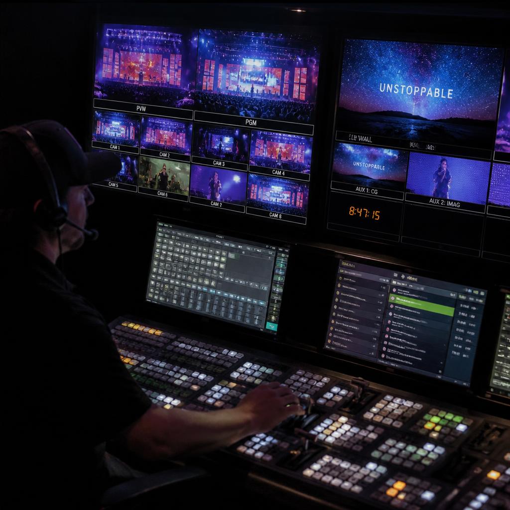Video operator running a broadcast switcher with multiple monitors showing concert feeds