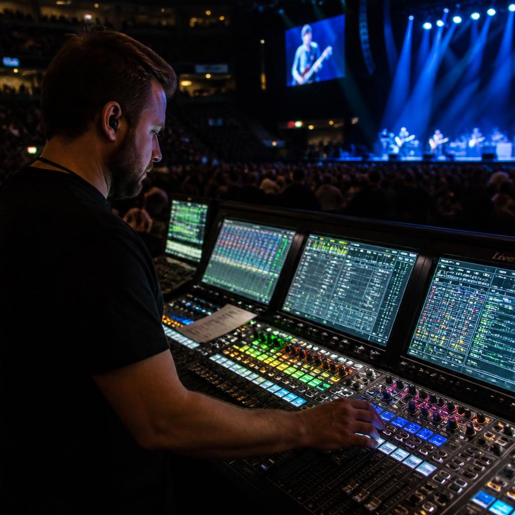 Audio engineer mixing at a front-of-house digital console during a live concert