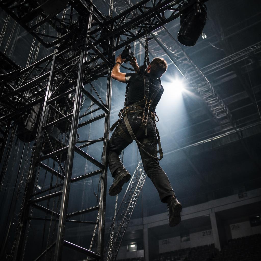 Rigger in a harness working on overhead truss and chain motors in an arena