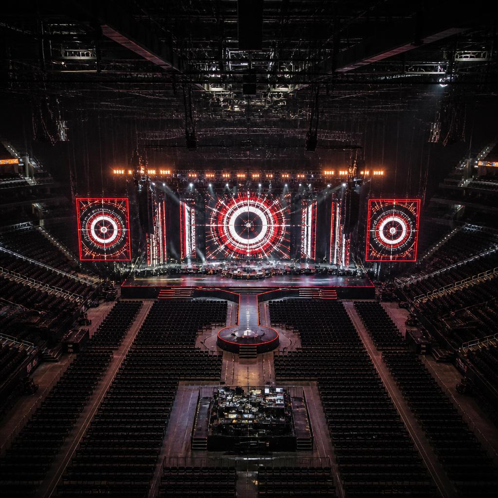 Wide overhead view of a massive concert stage with a full lighting rig and LED walls