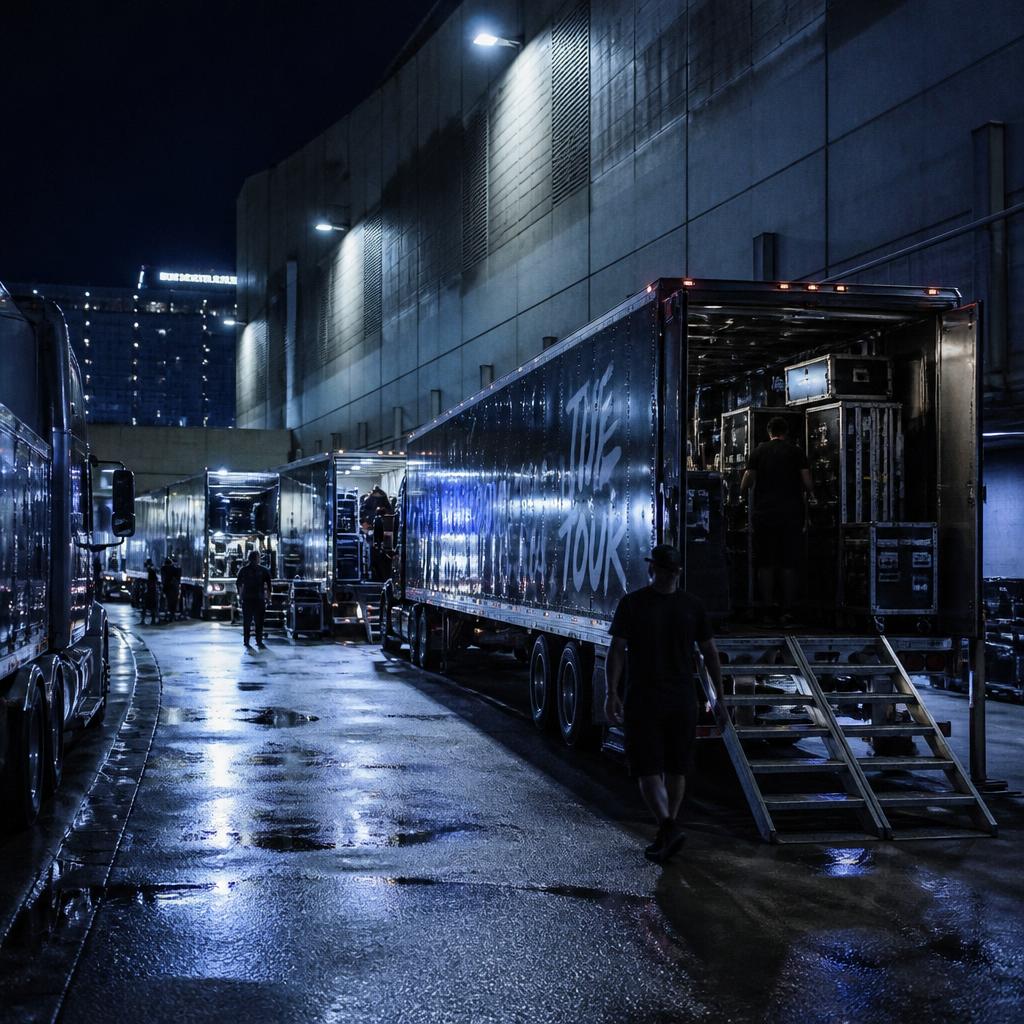 Tour production trucks backed up to an arena loading dock at night