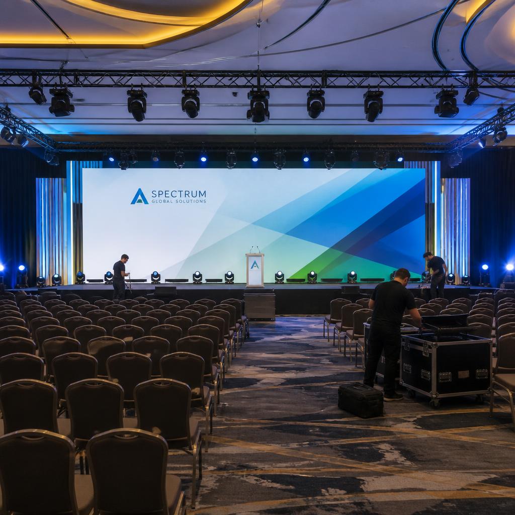Corporate general session ballroom with a clean modern stage and LED wall