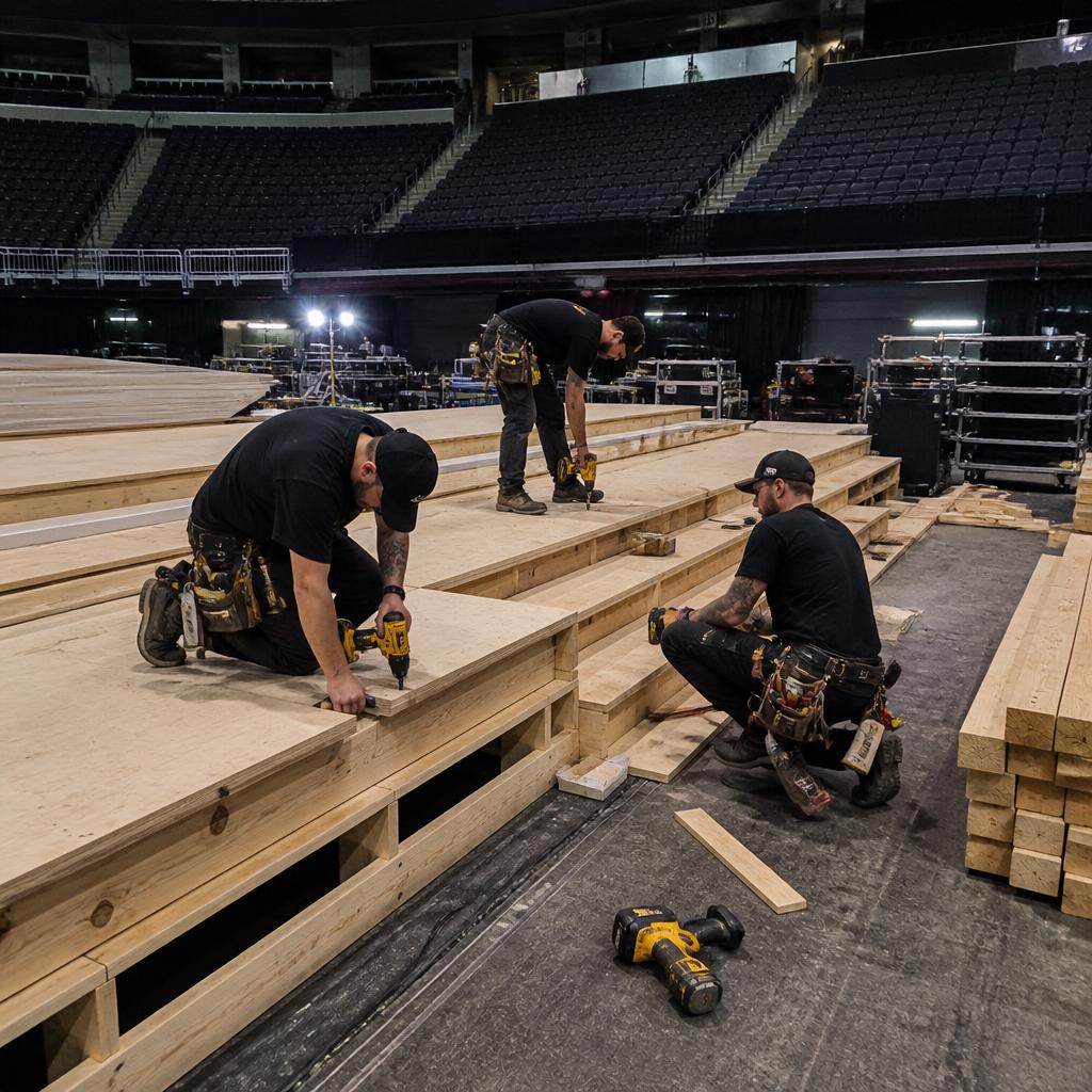 Crew building a wooden stage deck with power tools on an arena floor